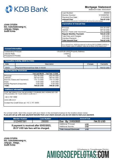 Declaração de hipoteca do banco KDB da Coreia do Sul em formatos Word e PDF exemplo real